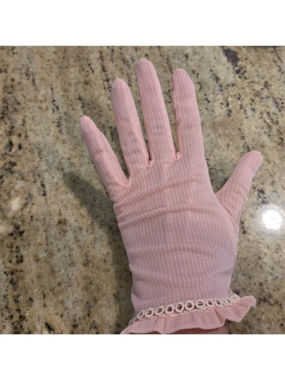Vintage Womens Size L/XL Pink Nylon Formal Gloves Ruffle Wrist